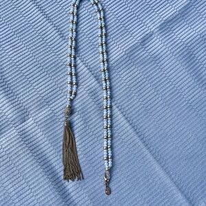 LOFT white and gold bead necklace with crystal bead and gold tone chain tassel